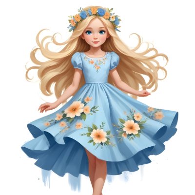 Digital Painting A Young Girl With Long Flowing Blonde Hair And Blue Eyes Wearing A Light Blue Dress Adorned With Floral Patterns She Holds A Bouquet Of Flowers And Wears A Floral Crown The Dress Has A Flared Skirt 37 0bf7