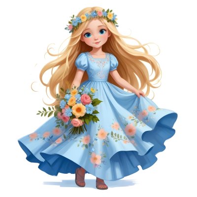 Digital Painting A Young Girl With Long Flowing Blonde Hair And Blue Eyes Wearing A Light Blue Dress Adorned With Floral Patterns She Holds A Bouquet Of Flowers And Wears A Floral Crown The Dress Has A Flared Skirt 38 59aa