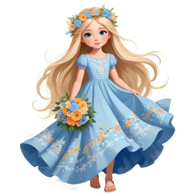 Digital Painting A Young Girl With Long Flowing Blonde Hair And Blue Eyes Wearing A Light Blue Dress Adorned With Floral Patterns She Holds A Bouquet Of Flowers And Wears A Floral Crown The Dress Has A Flared Skirt 39 58ae