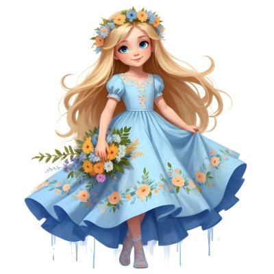 Digital Painting A Young Girl With Long Flowing Blonde Hair And Blue Eyes Wearing A Light Blue Dress Adorned With Floral Patterns She Holds A Bouquet Of Flowers And Wears A Floral Crown The Dress Has A Flared Skirt 44 758d