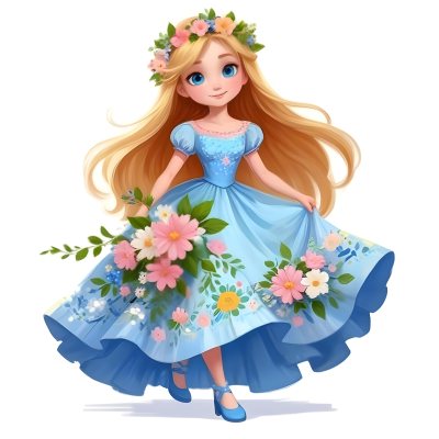 Digital Painting A Young Girl With Long Flowing Blonde Hair And Blue Eyes Wearing A Light Blue Dress Adorned With Floral Patterns She Holds A Bouquet Of Flowers And Wears A Floral Crown The Dress Has A Flared Skirt 47 344b