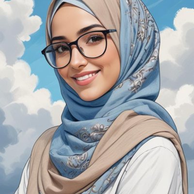 Digital Painting A Young Middle Eastern Woman With Dark Hair Wearing A Blue Hijab And Glasses Smiling Against A Cloudy Sky Background Bold And Slim Lines Brush Strokes 14 D047