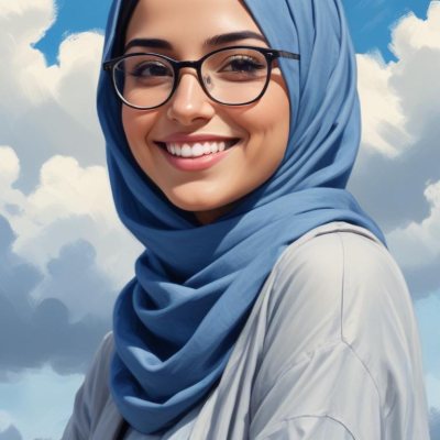 Digital Painting A Young Middle Eastern Woman With Dark Hair Wearing A Blue Hijab And Glasses Smiling Against A Cloudy Sky Background Bold And Slim Lines Brush Strokes 15 Afce