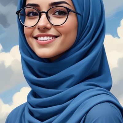 Digital Painting A Young Middle Eastern Woman With Dark Hair Wearing A Blue Hijab And Glasses Smiling Against A Cloudy Sky Background Bold And Slim Lines Brush Strokes 19 83cc