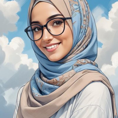 Digital Painting A Young Middle Eastern Woman With Dark Hair Wearing A Blue Hijab And Glasses Smiling Against A Cloudy Sky Background Bold And Slim Lines Brush Strokes 20 6227