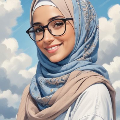 Digital Painting A Young Middle Eastern Woman With Dark Hair Wearing A Blue Hijab And Glasses Smiling Against A Cloudy Sky Background Bold And Slim Lines Brush Strokes 21 E6d5