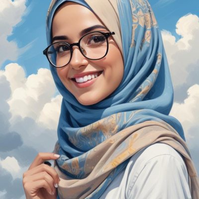 Digital Painting A Young Middle Eastern Woman With Dark Hair Wearing A Blue Hijab And Glasses Smiling Against A Cloudy Sky Background Bold And Slim Lines Brush Strokes 22 53de