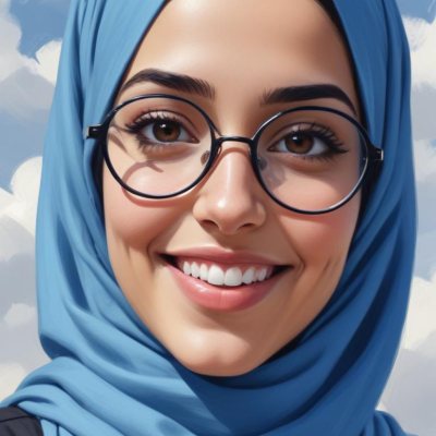 Digital Painting A Young Middle Eastern Woman With Dark Hair Wearing A Blue Hijab And Glasses Smiling Against A Cloudy Sky Background Bold And Slim Lines Brush Strokes 3 Bdba