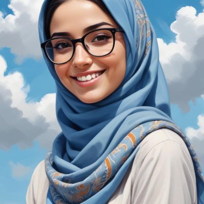 Digital Painting A Young Middle Eastern Woman With Dark Hair Wearing A Blue Hijab And Glasses Smiling Against A Cloudy Sky Background Bold And Slim Lines Brush Strokes 7 959e