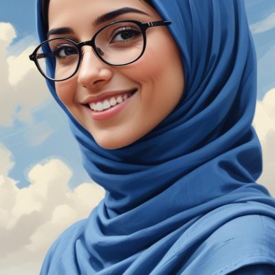 Digital Painting A Young Middle Eastern Woman With Dark Hair Wearing A Blue Hijab And Glasses Smiling Against A Cloudy Sky Background Bold And Slim Lines Brush Strokes 9 81de