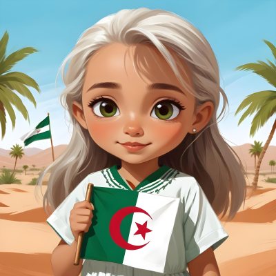 Digital Painting An Algerian Girl Age 8 With White Hair Holding An Algerian Flag Wearing A Green Dress With White Details In The Desert With Palm Trees And A Blue Sky Bold And Slim Lines Brush Strokes 1 D480