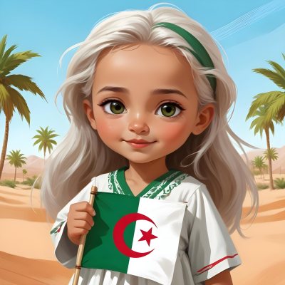 Digital Painting An Algerian Girl Age 8 With White Hair Holding An Algerian Flag Wearing A Green Dress With White Details In The Desert With Palm Trees And A Blue Sky Bold And Slim Lines Brush Strokes 10 C32e