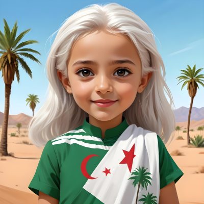 Digital Painting An Algerian Girl Age 8 With White Hair Holding An Algerian Flag Wearing A Green Dress With White Details In The Desert With Palm Trees And A Blue Sky Bold And Slim Lines Brush Strokes 2 Ad80