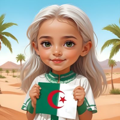 Digital Painting An Algerian Girl Age 8 With White Hair Holding An Algerian Flag Wearing A Green Dress With White Details In The Desert With Palm Trees And A Blue Sky Bold And Slim Lines Brush Strokes 4 5cd1