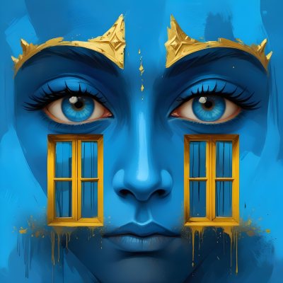 Digital Painting Blue Face With Blue Eyes And Golden Crown Windows As Nose Blue Background Bold And Slim Lines Brush Strokes 1 E75f