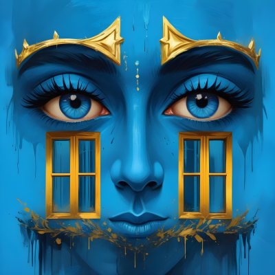 Digital Painting Blue Face With Blue Eyes And Golden Crown Windows As Nose Blue Background Bold And Slim Lines Brush Strokes 12 6b35