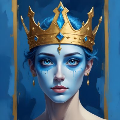 Digital Painting Blue Face With Blue Eyes And Golden Crown Windows As Nose Blue Background Bold And Slim Lines Brush Strokes 18 0137
