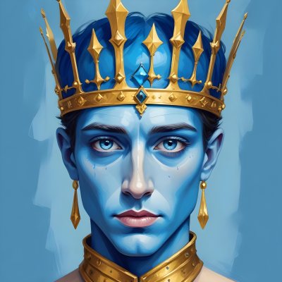 Digital Painting Blue Face With Blue Eyes And Golden Crown Windows As Nose Blue Background Bold And Slim Lines Brush Strokes 19 076b