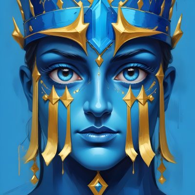 Digital Painting Blue Face With Blue Eyes And Golden Crown Windows As Nose Blue Background Bold And Slim Lines Brush Strokes 21 Dee5