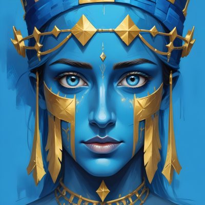 Digital Painting Blue Face With Blue Eyes And Golden Crown Windows As Nose Blue Background Bold And Slim Lines Brush Strokes 24 81e3