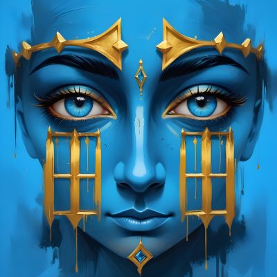 Digital Painting Blue Face With Blue Eyes And Golden Crown Windows As Nose Blue Background Bold And Slim Lines Brush Strokes 35 Eeee