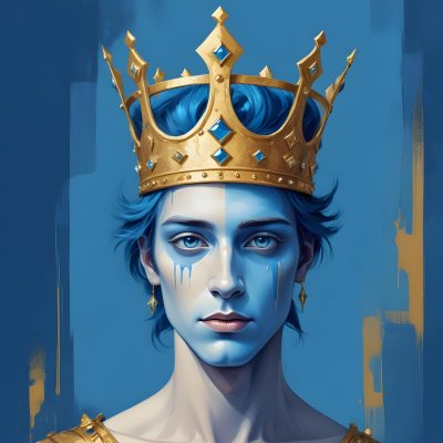 Digital Painting Blue Face With Blue Eyes And Golden Crown Windows As Nose Blue Background Bold And Slim Lines Brush Strokes 38 Fa5e