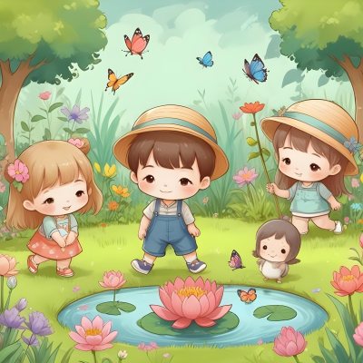 Digital Painting Three Asian Kids Around 6 Years Old With Hats In A Garden With A Pond And Flowers Butterflies And Birds Flying Around Bold And Slim Lines Brush Strokes 10 C0d6