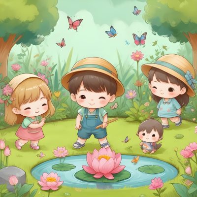 Digital Painting Three Asian Kids Around 6 Years Old With Hats In A Garden With A Pond And Flowers Butterflies And Birds Flying Around Bold And Slim Lines Brush Strokes 11 5395