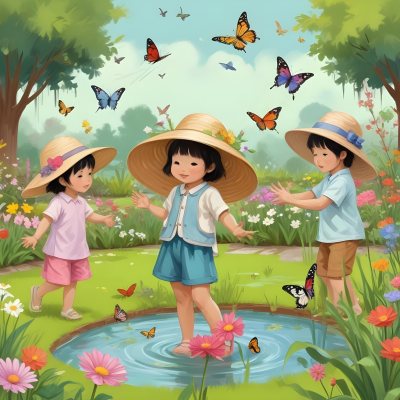 Digital Painting Three Asian Kids Around 6 Years Old With Hats In A Garden With A Pond And Flowers Butterflies And Birds Flying Around Bold And Slim Lines Brush Strokes 12 7f3b