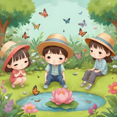 Digital Painting Three Asian Kids Around 6 Years Old With Hats In A Garden With A Pond And Flowers Butterflies And Birds Flying Around Bold And Slim Lines Brush Strokes 13 00b6