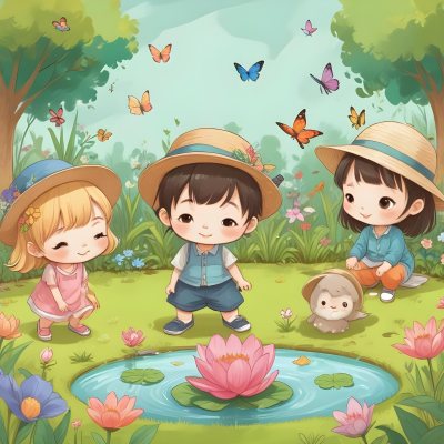 Digital Painting Three Asian Kids Around 6 Years Old With Hats In A Garden With A Pond And Flowers Butterflies And Birds Flying Around Bold And Slim Lines Brush Strokes 14 03c9