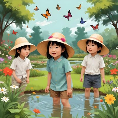 Digital Painting Three Asian Kids Around 6 Years Old With Hats In A Garden With A Pond And Flowers Butterflies And Birds Flying Around Bold And Slim Lines Brush Strokes 2 Ac52