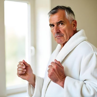 Elderly Caucasian Man With White Hair And Beard Wearing A White Bathrobe Standing In A Bathroom Setting 12 8b7e