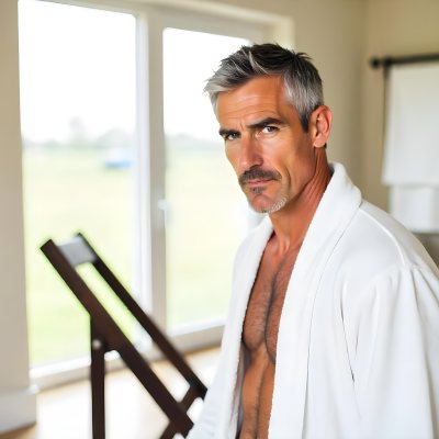 Elderly Caucasian Man With White Hair And Beard Wearing A White Bathrobe Standing In A Bathroom Setting 13 4a30