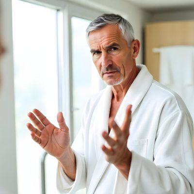 Elderly Caucasian Man With White Hair And Beard Wearing A White Bathrobe Standing In A Bathroom Setting 18 0edd