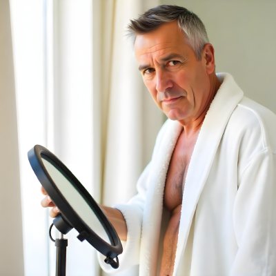 Elderly Caucasian Man With White Hair And Beard Wearing A White Bathrobe Standing In A Bathroom Setting 2 8f2b