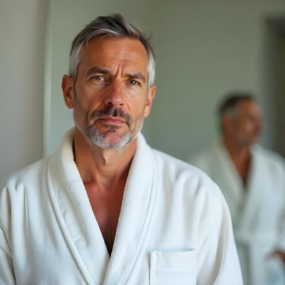 Elderly Caucasian Man With White Hair And Beard Wearing A White Bathrobe Standing In A Bathroom Setting 3 8d01