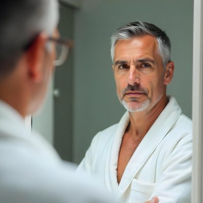 Elderly Caucasian Man With White Hair And Beard Wearing A White Bathrobe Standing In A Bathroom Setting 4 89ce