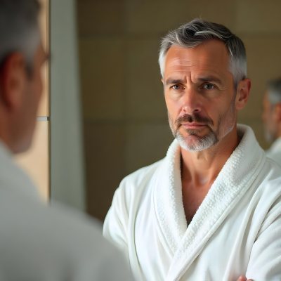 Elderly Caucasian Man With White Hair And Beard Wearing A White Bathrobe Standing In A Bathroom Setting 5 B23e