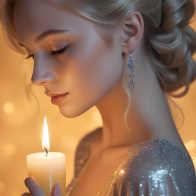 Minimal Soft Studio Light Photography A Young Caucasian Woman With Long Blonde Hair Styled In An Updo Wearing A Sparkling Silver Dress And Holding A Lit Candle The Background Is A Warm Golden Color High Detail Sol 14 F110