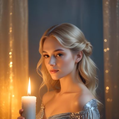 Minimal Soft Studio Light Photography A Young Caucasian Woman With Long Blonde Hair Styled In An Updo Wearing A Sparkling Silver Dress And Holding A Lit Candle The Background Is A Warm Golden Color High Detail Sol 15 Bdd6