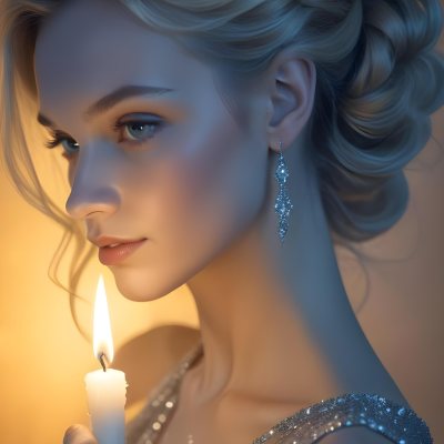 Minimal Soft Studio Light Photography A Young Caucasian Woman With Long Blonde Hair Styled In An Updo Wearing A Sparkling Silver Dress And Holding A Lit Candle The Background Is A Warm Golden Color High Detail Sol 16 D0c0