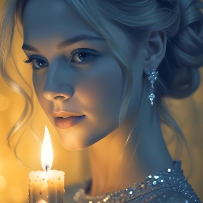 Minimal Soft Studio Light Photography A Young Caucasian Woman With Long Blonde Hair Styled In An Updo Wearing A Sparkling Silver Dress And Holding A Lit Candle The Background Is A Warm Golden Color High Detail Sol 3 1bde