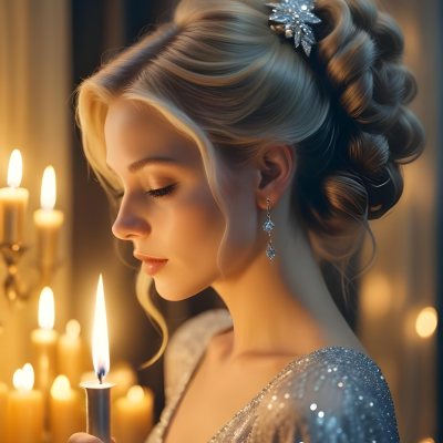 Minimal Soft Studio Light Photography A Young Caucasian Woman With Long Blonde Hair Styled In An Updo Wearing A Sparkling Silver Dress And Holding A Lit Candle The Background Is A Warm Golden Color High Detail Sol 4 85db