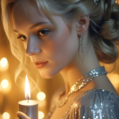 Minimal Soft Studio Light Photography A Young Caucasian Woman With Long Blonde Hair Styled In An Updo Wearing A Sparkling Silver Dress And Holding A Lit Candle The Background Is A Warm Golden Color High Detail Sol 5 3c4d