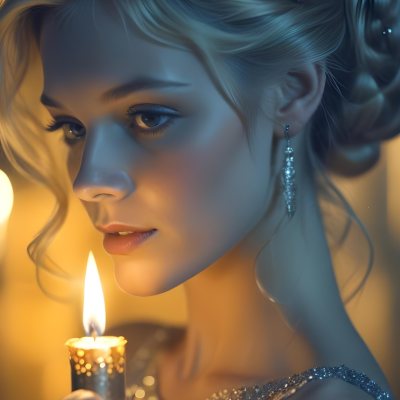 Minimal Soft Studio Light Photography A Young Caucasian Woman With Long Blonde Hair Styled In An Updo Wearing A Sparkling Silver Dress And Holding A Lit Candle The Background Is A Warm Golden Color High Detail Sol 7 F494
