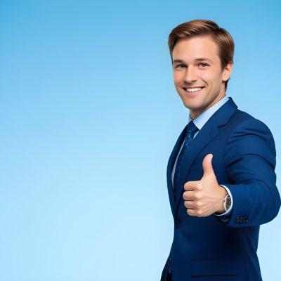 Minimal Soft Studio Light Photography Caucasian Male Approximately 30 Years Old With Light Brown Hair Wearing A Blue Suit And Tie Smiling With Arms Crossed Against A Light Blue Background High Detail Solid Bol 11 Cab0