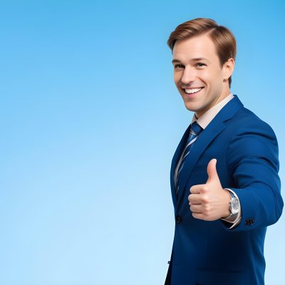 Minimal Soft Studio Light Photography Caucasian Male Approximately 30 Years Old With Light Brown Hair Wearing A Blue Suit And Tie Smiling With Arms Crossed Against A Light Blue Background High Detail Solid Bol 14 60bf