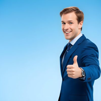 Minimal Soft Studio Light Photography Caucasian Male Approximately 30 Years Old With Light Brown Hair Wearing A Blue Suit And Tie Smiling With Arms Crossed Against A Light Blue Background High Detail Solid Bol 15 9c37
