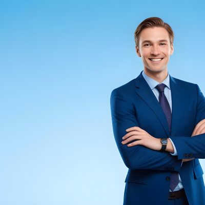 Minimal Soft Studio Light Photography Caucasian Male Approximately 30 Years Old With Light Brown Hair Wearing A Blue Suit And Tie Smiling With Arms Crossed Against A Light Blue Background High Detail Solid Bol 19 5d51
